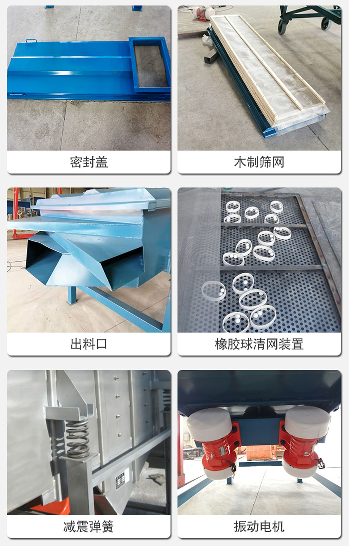 直線篩結構展示：篩網，篩箱，振動電機，振動電機座，減震彈簧，支架等部件展示圖