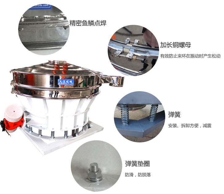 1500直排篩細節展示：彈簧，彈簧墊圈，加長銅螺母。