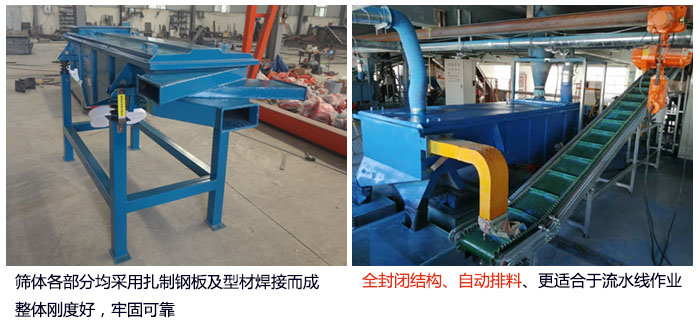 直線篩分機篩體各部分均采用紮製鋼板及型材焊接而成整體剛度好，牢固可靠；全封閉結構、自動排料、更適合於流水線作業。