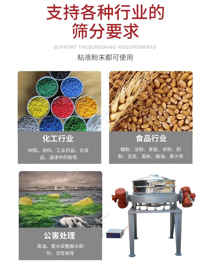 直排篩適用行業：化工行業，食品行業，金屬行業，以及公害處理等行業。支持各種行業的篩分要求。