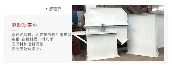 TD型鬥式提升機驅動力小，無回料等特點展示圖。