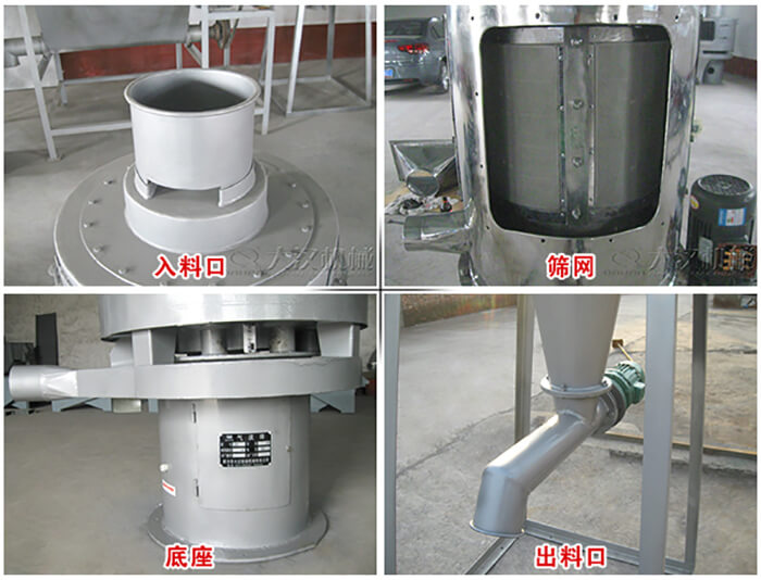 氣流篩部件展示：入料口，篩網，底座，出料口等。