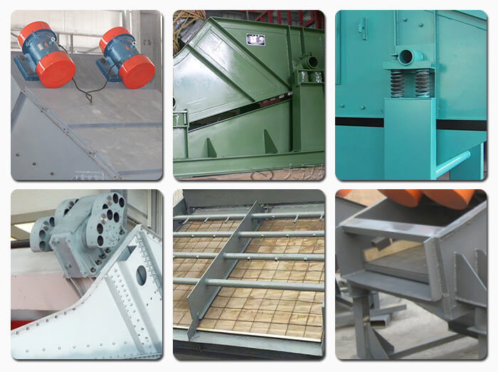 礦用振動篩主要由激振器、篩體、篩網、減振裝置及座架等組成。篩箱由篩框、篩板、襯板等組成