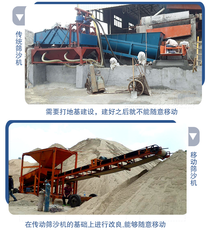 移動的篩沙機在安裝前需要打地基，而固定完畢後就不能隨意的移動，而移動篩沙機不需要打地並且隨時能夠進行移動。