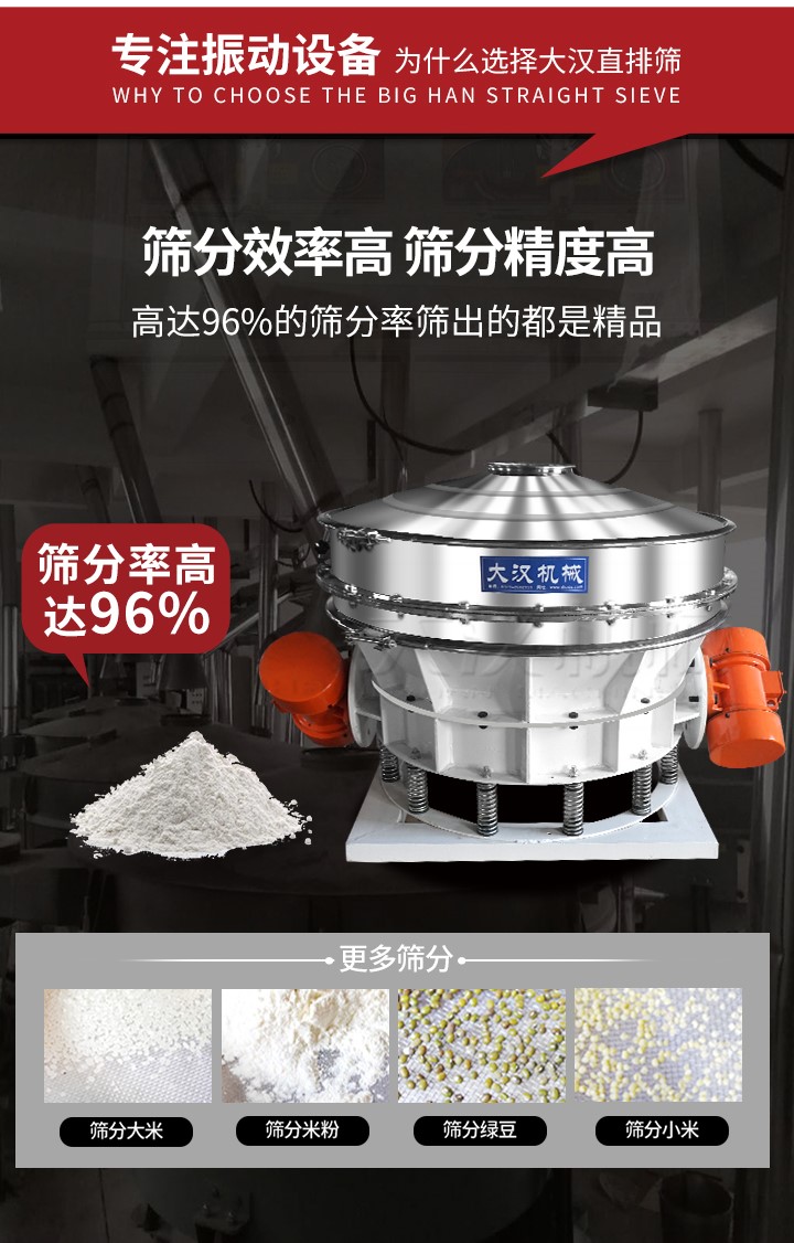 直排篩適用物料有麵粉，澱粉，洗衣粉，金屬粉，添加劑，化工，非礦等行業。
