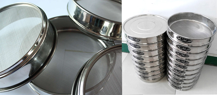 標準土壤篩，篩框與篩網展示圖。