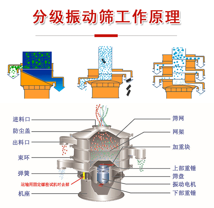 分級振動篩內部結構：進料口，防塵蓋，出料口，束環，彈簧，機座，篩網，網架，上部重錘，振動電機，下部重錘。