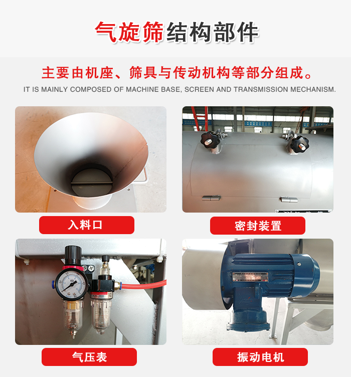 氣旋篩結構：入料口，密封裝置，電機，氣壓表等