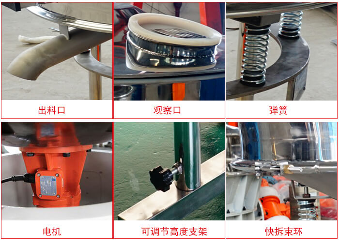 高頻篩細節展示：出料口，觀察口，彈簧，電機，可調節高度支架，快拆束環。