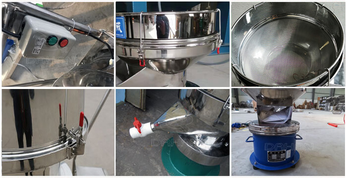 過濾篩細節展示：控製開關，篩框，出料口閥門，底座等